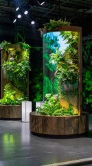 Eco-friendly game show stage: bamboo podium, minimalist seating, nature graphics on LED screen. Sustainable game show set featuring minimalist stools and green foliage on LED screen.