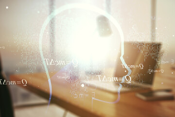Poster - Creative artificial Intelligence concept with human head sketch on modern computer background. Double exposure