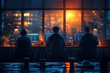 Poster - three programmers working late at night in a city office