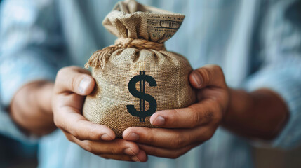 A man holding an money bag with the dollar sign on it