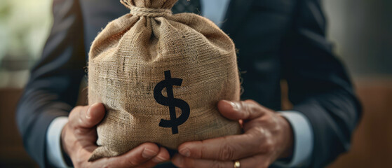 A man holding an money bag with the dollar sign on it