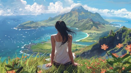 Young woman enjoying the awesome view of Padar Island with grass flowers and birds, while sitting on the top mountain during summer vacation. Anime style.