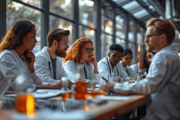 Poster - group of scientists collaborating during meeting in modern laboratory