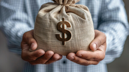 A man holding an money bag with the dollar sign on it