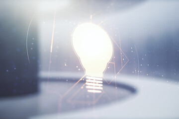 Poster - Abstract virtual light bulb illustration on modern interior background, future technology concept. Multiexposure