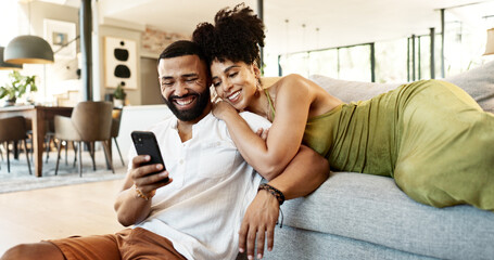 Poster - Couple, phone scroll and couch with social media, streaming and hug together in home with app. Online shopping, relax and happy people with technology and mobile video with web meme on the internet