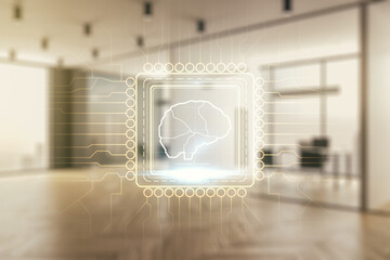 Aufkleber - Virtual creative artificial Intelligence hologram with human brain sketch on a modern furnished office background. Multiexposure
