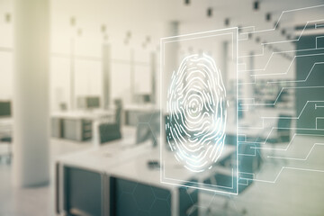 Aufkleber - Multi exposure of virtual graphic fingerprint sketch on a modern furnished classroom background, fingerprint scan data concept
