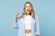 © ViDi Studio - Young insighted smart proactive happy woman she wears white top shirt casual clothes holding index finger up with great new idea isolated on plain pastel light blue cyan background. Lifestyle concept.