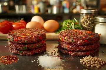 Wall Mural - Seasoned Plant Based Beef Patties with Fresh Ingredients - Concept Plant-Based Food