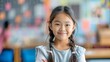 © Tatiana - Portrait of an Asian schoolgirl with a blurred classroom background. Back to school.