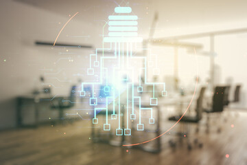 Poster - Double exposure of virtual creative light bulb hologram with chip on modern corporate office background, idea and brainstorming concept