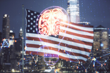 Poster - Double exposure of abstract virtual creative light bulb hologram with human brain on USA flag and blurry cityscape background, idea and brainstorming concept