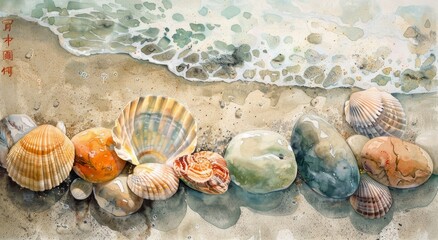 Wall Mural - Watercolor Painting of Seashells and Pebbles on a Sandy Beach