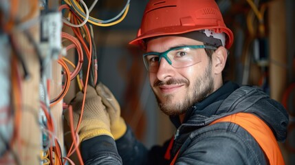 Electrician expertly handling cables on a construction site during house reconstruction. Skillfully repairing household lighting fixtures.