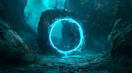 Poster - Mystical Blue Portal in a Dark Forest.