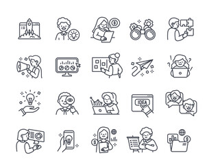 Poster - business brainstorming linear icons set. symbols with creative idea, startup launch, success strateg