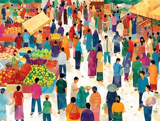 A vibrant illustration of people celebrating with food and traditional attire, symbolizing International Food Day The background is a bustling market scene with ample copy space for text Professional