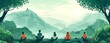 © naphat - A serene illustration of people practicing mindfulness and meditation, symbolizing International Day of Happiness The background includes a peaceful natural setting with ample copy space for text