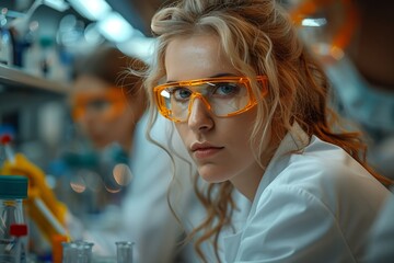 Poster - female scientist wearing safety glasses in laboratory setting