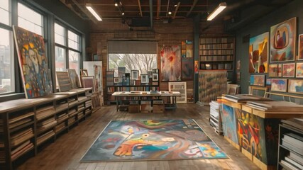 Poster - This Art studio showcasing paintings, brushes, and canvases in various stages.