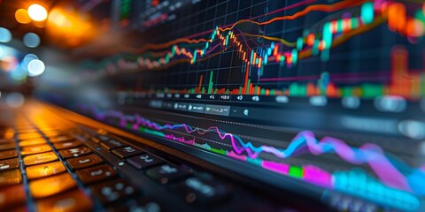 Poster - Stock Market Graphs and Keyboard Close-Up. Close-up of a computer keyboard with stock market graphs on the screen, illustrating financial trading and data analysis.