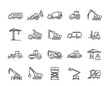 © Rudzhan - Set of construction machinery linear icons set. Truck, concrete mixer, tractor, excavator and crane for construction site. Editable stroke. Outline vector collection isolated on white background