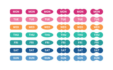 Set of colorful and abstract shaped day of the week label icon design. Point sticker to decorate diary, scheduler, calendar, planner.