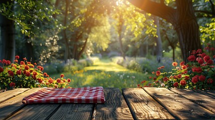 Picnic table with red checkered towel, empty space for promotion, blurred wooden deck backdrop. 