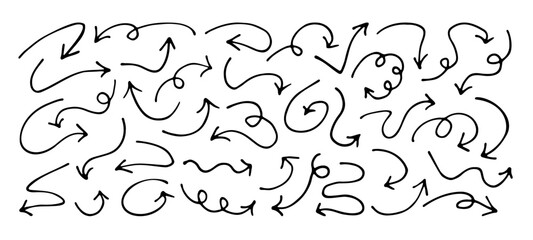 Poster - Set or arrow doodles and symbols, hand drawn graphic design elements showing directions, vector illustration.