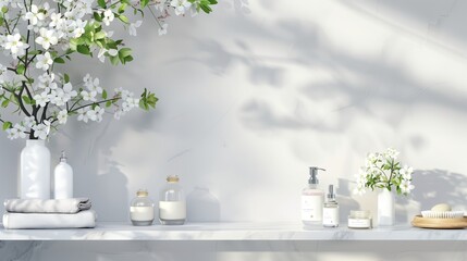 Wall Mural - display setup of flowers and soap bottles on bathroom or toilet mirror shelf