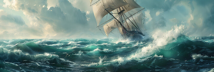 Poster - a wallpaper featuring a vast, realistic ocean expanse with a majestic sailing ship navigating through rough waves