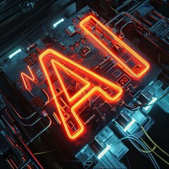 Poster - Neon AI sign on futuristic circuit board background