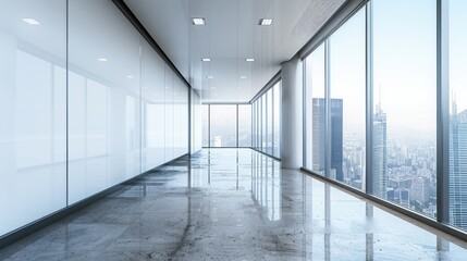 Poster - Modern glass office corridor interior with blank mock up place on wall