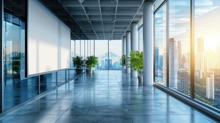Poster - Modern glass office corridor interior with blank mock up place on wall
