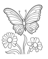 Happy Butterfly And Flower Coloring Book. Black and white Moth vector illustration for children coloring page.