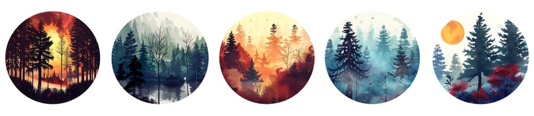 Create an illustration of five round stickers, each depicting different scenes in the Japanese forest during summer and winter with green trees on white background. The first sticker depicts flames