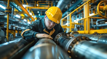 Wall Mural - Male inspector conducting checks on steel pipes and elbows at refinery.