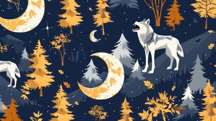 Wall Mural - Halloween pattern with eerie forests, howling wolves, and full moons on a dark blue background