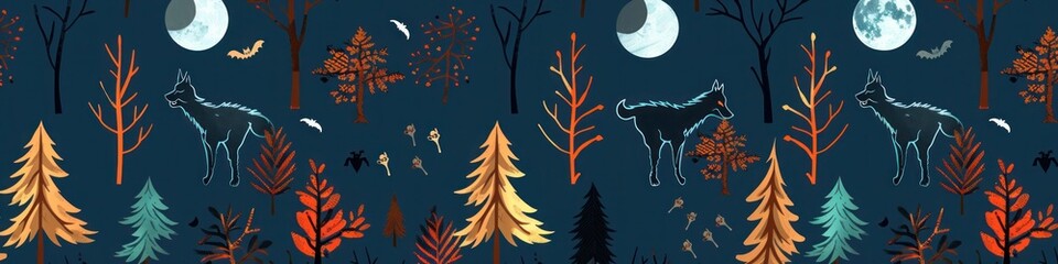 Wall Mural - Halloween pattern with eerie forests, howling wolves, and full moons on a dark blue background