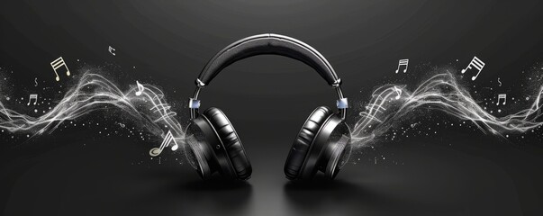 A pair of headphones with sound waves morphing into musical notes (realistic)