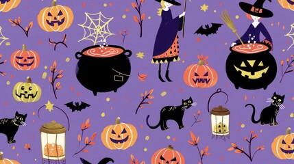 Wall Mural - Halloween pattern featuring magical witches, black cats, and bubbling cauldrons on a purple backdrop