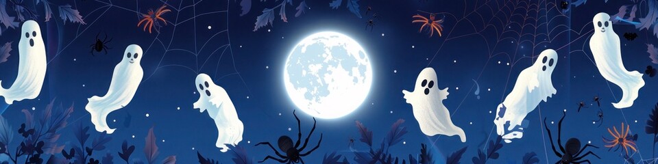 Wall Mural - Halloween pattern featuring ghostly figures and creepy spiders on a midnight blue backdrop with a glowing moon