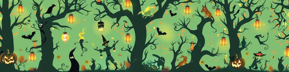 Halloween pattern featuring enchanted forests, mystical creatures, and glowing lanterns on a green background