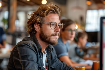 Poster - man with wavy hair and glasses working at a computer in an office setting