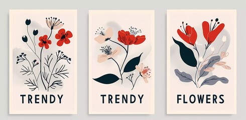 Wall Mural - Set of three vector flat abstract retro posters with collection of trendy floral, botanical illustrations in Scandinavian art style.