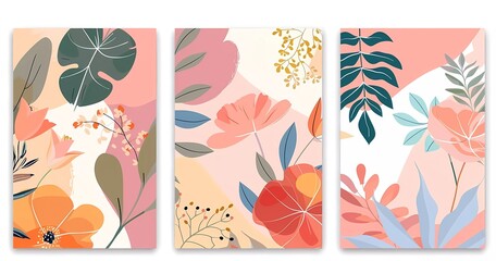 Wall Mural - Set of three vector posters with a collection of abstract flowers, botanical illustrations and retro poster styles.