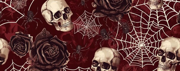 Wall Mural - Elegant Halloween pattern with lacey spider webs, gothic skulls, and black roses on a dark red background