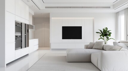 A modern living space showcasing cuttingedge energyefficient appliances and automation with copy space