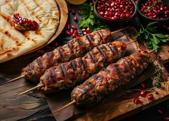 Canvas Print - kufta Kebabs on the cutting board, flatbread and pomegranate